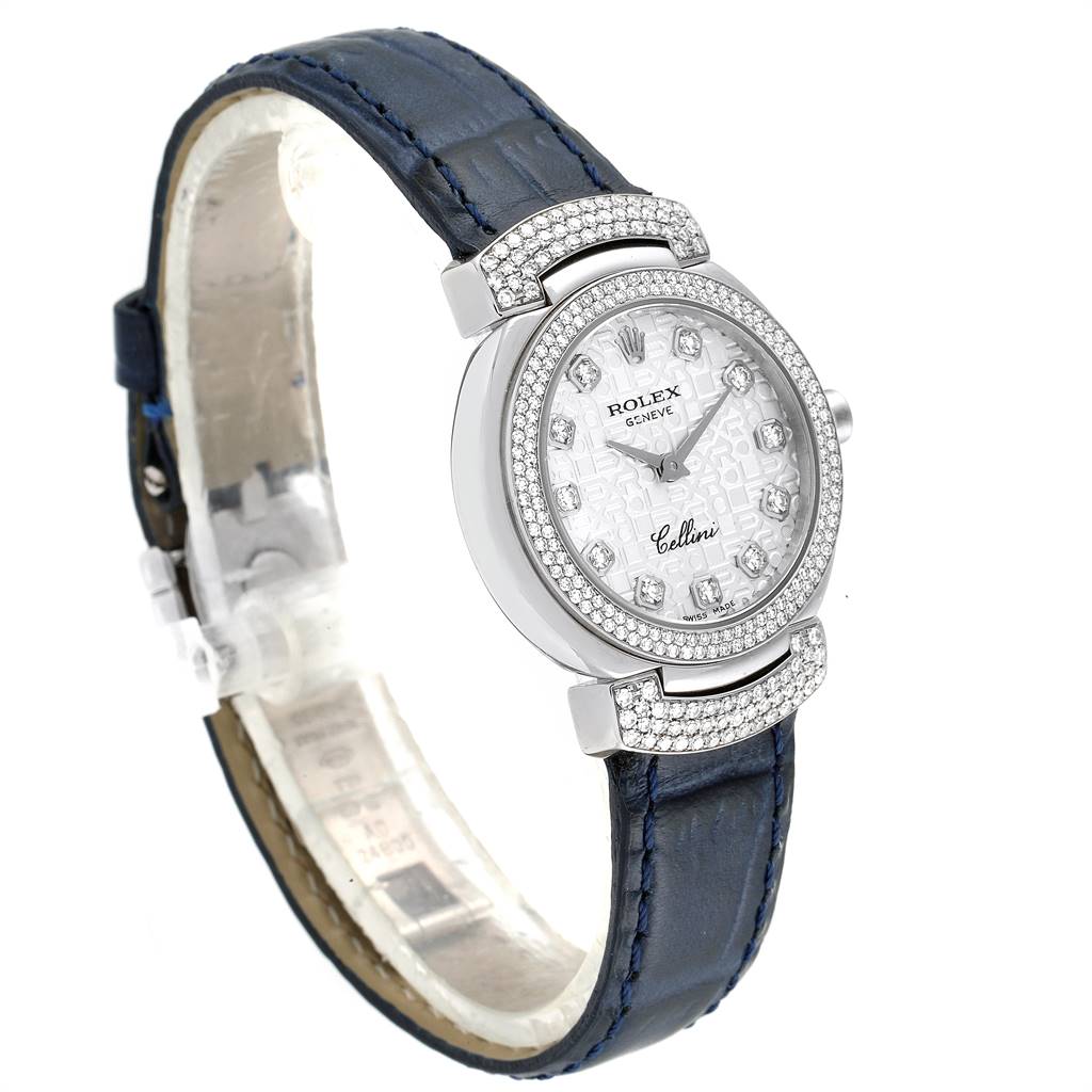 This image shows a Rolex Cellini 6673 Women's White Gold Silver Dial 6673 Women's White Gold Silver Dial watch at a three-quarter angle featuring the dial, case, and leather strap.