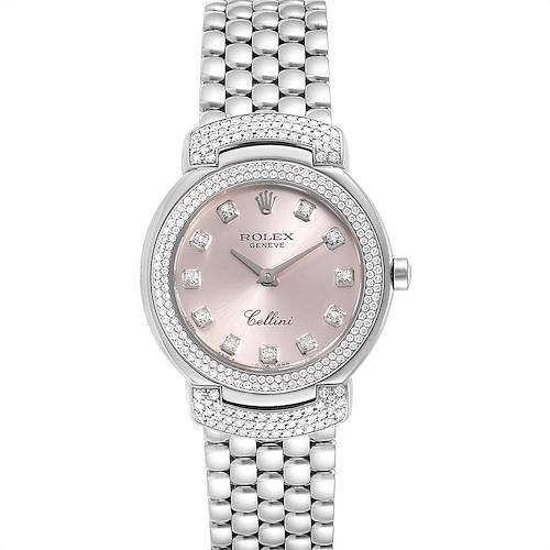 The Rolex Cellini 6673 Women's White Gold Pink Dial 6673 Women's White Gold Pink Dial watch is shown from a top-down angle, highlighting its face, bezel, and bracelet.
