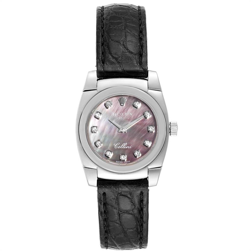 The image shows a front view of the Rolex Cellini 5310 Women's White Gold Mother of Pearl Dial 5310 Women's White Gold Mother of Pearl Dial watch, displaying its face, case, crown, and leather strap.