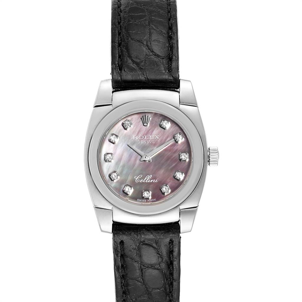 This image shows a frontal view of a Rolex Cellini 5310 Women's White Gold Mother of Pearl Dial 5310 Women's White Gold Mother of Pearl Dial model watch, highlighting the dial and leather strap.