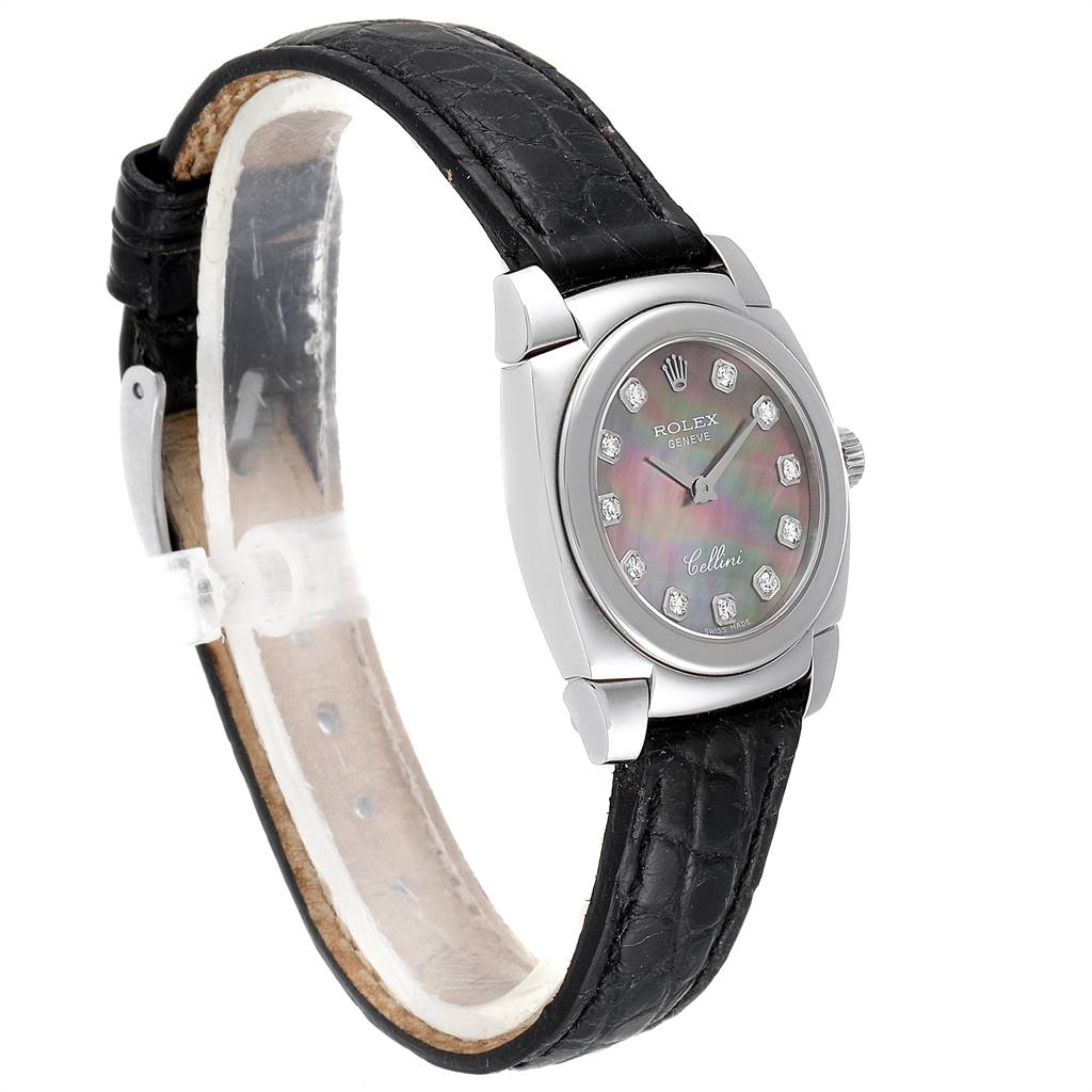 The Rolex Cellini 5310 Women's White Gold Mother of Pearl Dial 5310 Women's White Gold Mother of Pearl Dial watch is shown at a slight angle from the front, highlighting the face, bezel, and black leather strap.