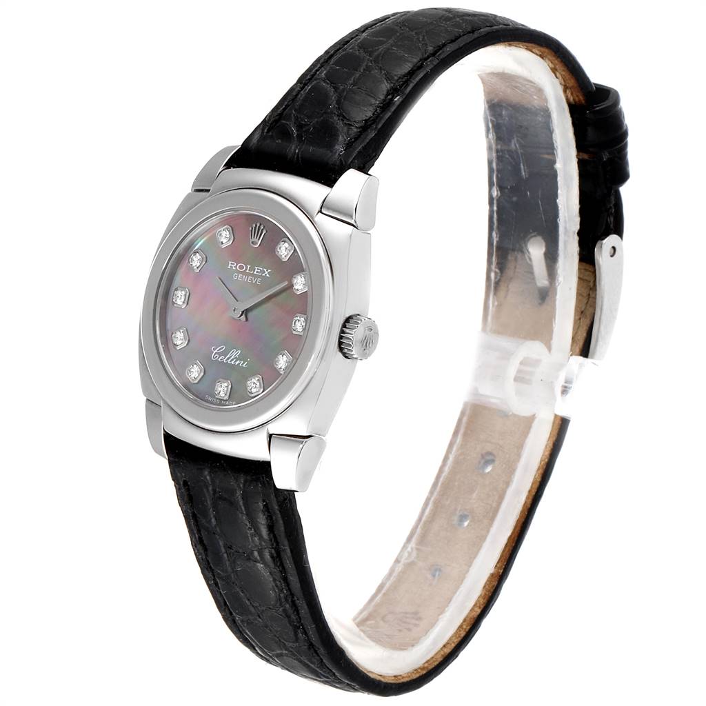 The image shows a Rolex Cellini 5310 Women's White Gold Mother of Pearl Dial 5310 Women's White Gold Mother of Pearl Dial watch at a slight angle, highlighting its black strap, dial, case, and crown.