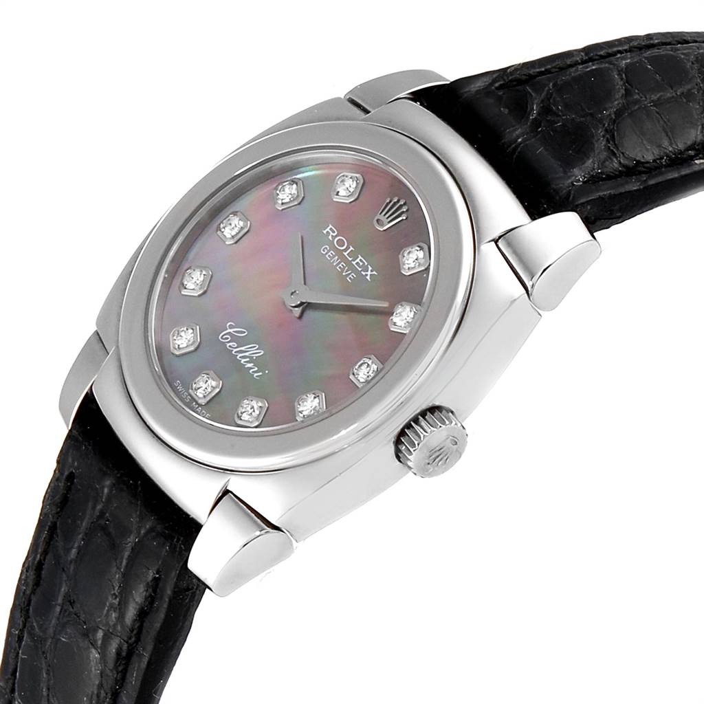 The Rolex Cellini 5310 Women's White Gold Mother of Pearl Dial 5310 Women's White Gold Mother of Pearl Dial watch is shown at an oblique angle, displaying the dial, crown, and part of the black leather strap.