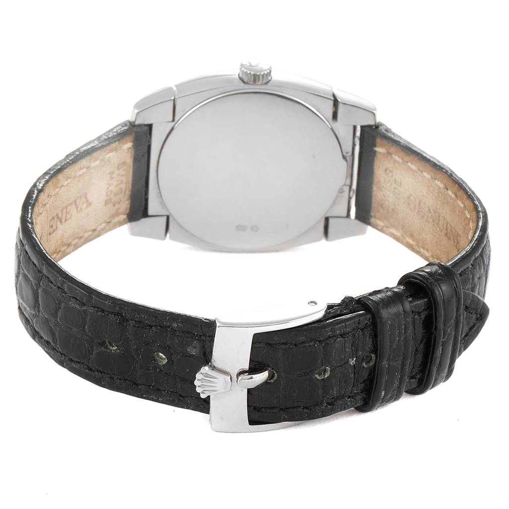 This image shows the back view of the Rolex Cellini 5310 Women's White Gold Mother of Pearl Dial 5310 Women's White Gold Mother of Pearl Dial watch, highlighting its case, crown, and black leather strap with buckle.