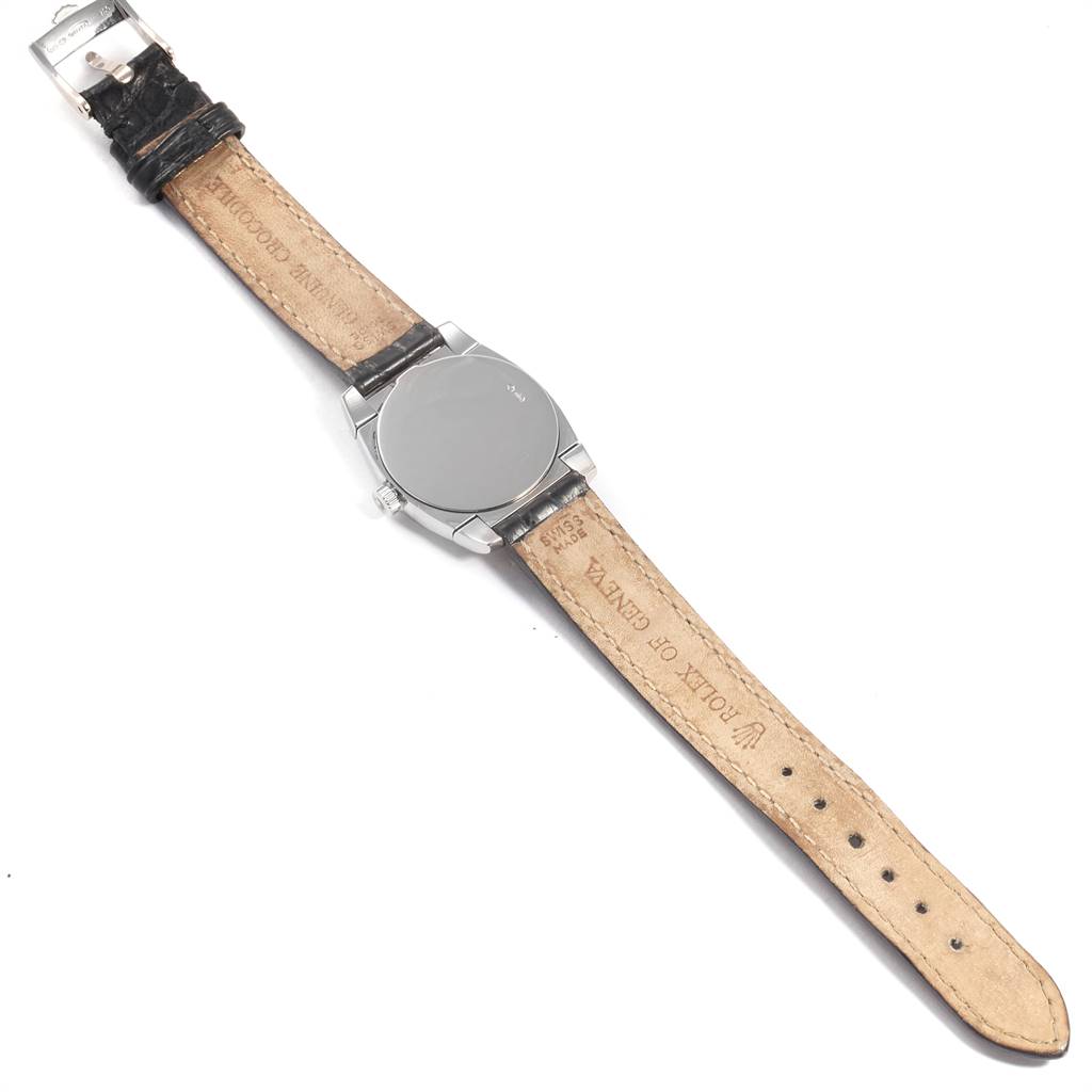 The image shows the back of a Rolex Cellini 5310 Women's White Gold Mother of Pearl Dial 5310 Women's White Gold Mother of Pearl Dial watch, focusing on the leather strap and the case back.