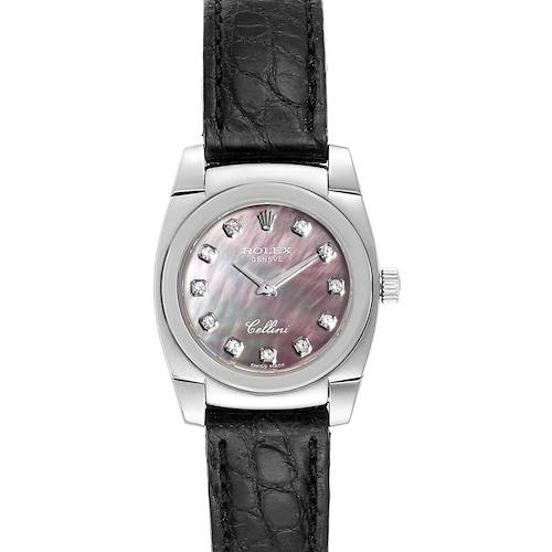 The image shows a Rolex Cellini 5310 Women's White Gold Mother of Pearl Dial 5310 Women's White Gold Mother of Pearl Dial model watch from a top-down angle, highlighting its dial, case, and leather strap.