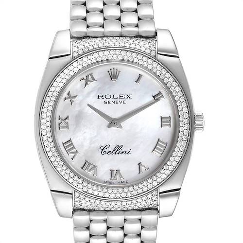 The image shows a front view of a Rolex Cellini 6321 Women's White Gold Mother of Pearl Dial 6321 Women's White Gold Mother of Pearl Dial watch, displaying the dial, bezel, and part of the bracelet.