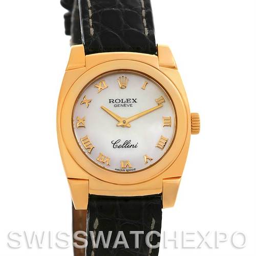 The image features a front view of a Rolex Cellini 5310 Women's Yellow Gold Mother of Pearl Dial 5310 Women's Yellow Gold Mother of Pearl Dial watch, showcasing its gold case, white dial with Roman numerals, and black leather strap.