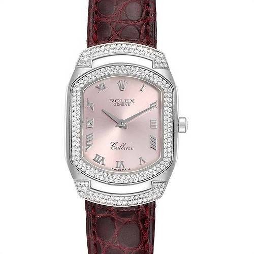 This Rolex Cellini 6693 Women's White Gold Pink Dial 6693 Women's White Gold Pink Dial watch is shown from a straight-on angle, displaying the dial, bezel, case, and leather strap.