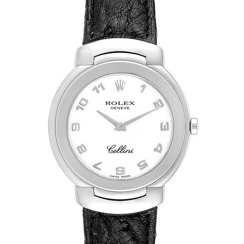 The image shows a front view of a Rolex Cellini 6622 Women's White Gold White Dial 6622 Women's White Gold White Dial watch with a black leather strap and a white dial.