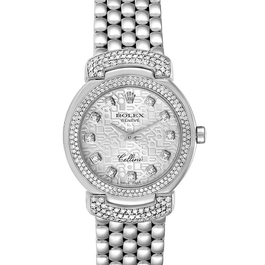 The image shows a front view of the Rolex Cellini 6673 Women's White Gold Silver Dial 6673 Women's White Gold Silver Dial watch, highlighting its face, bezel, dial, and part of the bracelet.