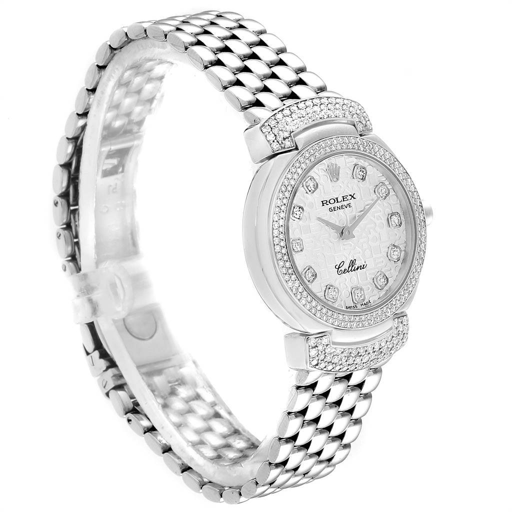 The image shows a Rolex Cellini 6673 Women's White Gold Silver Dial 6673 Women's White Gold Silver Dial watch from a side angle, displaying its dial, bezel, and bracelet.