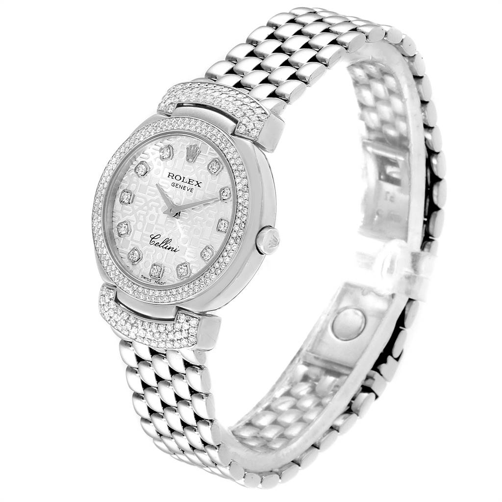 The Rolex Cellini 6673 Women's White Gold Silver Dial 6673 Women's White Gold Silver Dial model watch is shown at a three-quarter angle, displaying the face, bracelet, bezel, and crown.
