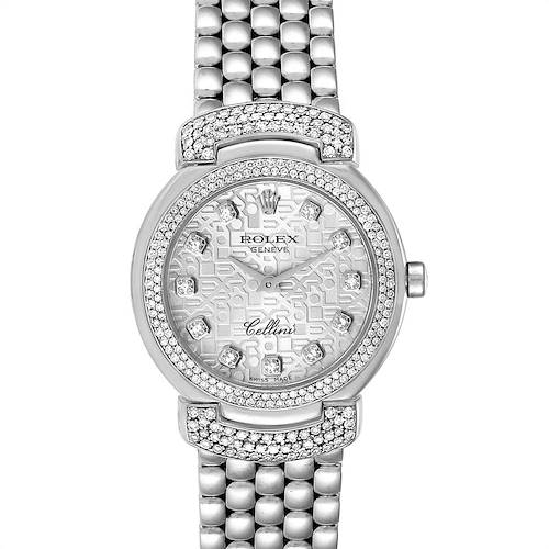 The image shows a front view of the Rolex Cellini 6673 Women's White Gold Silver Dial 6673 Women's White Gold Silver Dial watch, highlighting its face, bezel, and part of the bracelet.