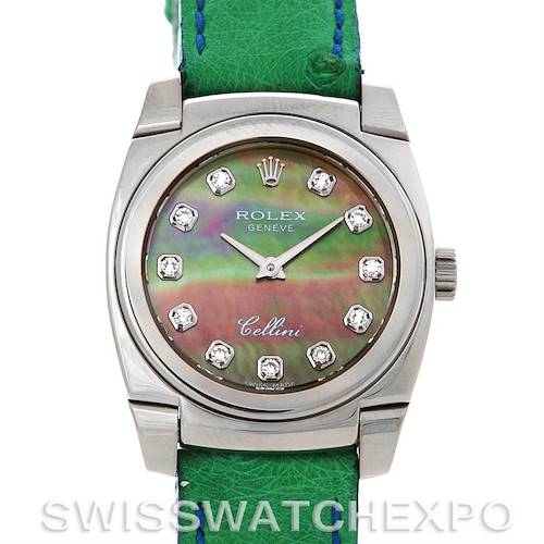 The image shows a Rolex Cellini 5310 Women's White Gold Mother of Pearl Dial 5310 Women's White Gold Mother of Pearl Dial watch from a front angle, displaying its dial, bezel, case, and part of the green strap.