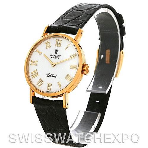 The image shows a Rolex Cellini 4109 Women's Yellow Gold White Dial 4109 Women's Yellow Gold White Dial watch at a side angle, highlighting its gold case, white dial with Roman numerals, and black leather strap.