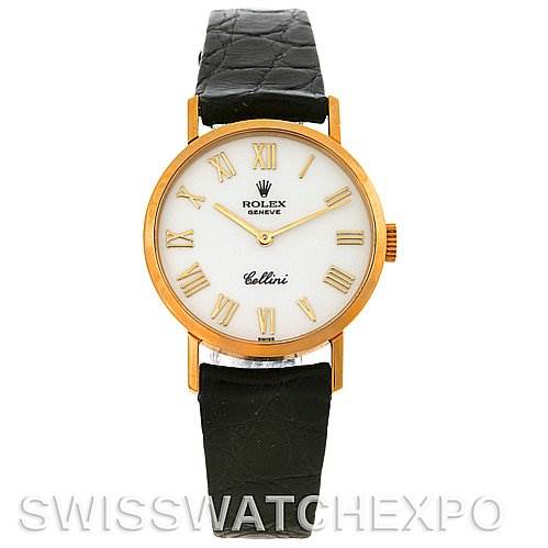 The image shows a front view of a Rolex Cellini 4109 Women's Yellow Gold White Dial 4109 Women's Yellow Gold White Dial watch, highlighting the dial, hands, crown, case, and leather strap.