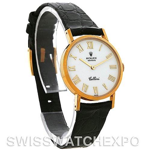 The image shows a front angled view of a Rolex Cellini 4109 Women's Yellow Gold White Dial 4109 Women's Yellow Gold White Dial watch, displaying the dial, bezel, strap, and lugs.