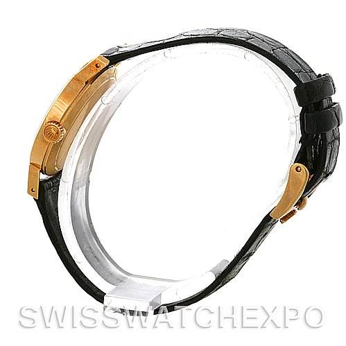 This side profile view showcases the case, crown, and black leather strap of the Rolex Cellini 4109 Women's Yellow Gold White Dial 4109 Women's Yellow Gold White Dial.