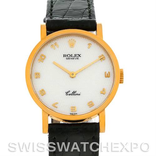 The image shows a front view of a Rolex Cellini 5109 Women's Yellow Gold Mother of Pearl Dial 5109 Women's Yellow Gold Mother of Pearl Dial watch with a gold case, white dial, and black leather strap.