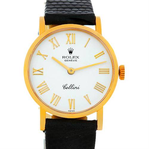 This image shows a front view of a Rolex Cellini 5109 Women's Yellow Gold White Dial 5109 Women's Yellow Gold White Dial watch with a gold case, white dial, Roman numerals, and black leather strap.