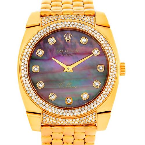 The Rolex Cellini 6321 Women's Yellow Gold Mother of Pearl Dial 6321 Women's Yellow Gold Mother of Pearl Dial watch is shown from the front, displaying its face, dial, bezel, and part of the bracelet.