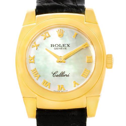 This image shows a Rolex Cellini 5310 Women's Yellow Gold Mother of Pearl Dial 5310 Women's Yellow Gold Mother of Pearl Dial watch from the front, highlighting its round mother-of-pearl dial, gold case, and black leather strap.