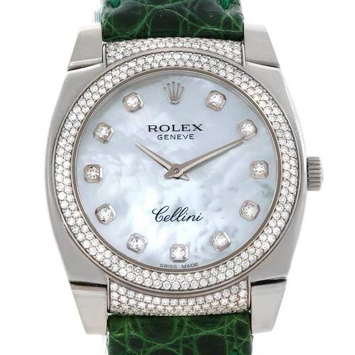 This image shows the front view of a Rolex Cellini 6321 Women's White Gold Mother of Pearl Dial 6321 Women's White Gold Mother of Pearl Dial watch, highlighting its diamond bezel, mother-of-pearl dial, and green leather strap.