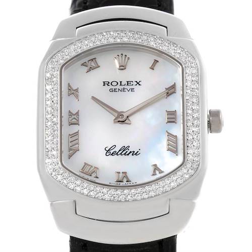 The image shows a front view of the Rolex Cellini 6691 Women's White Gold Mother of Pearl Dial 6691 Women's White Gold Mother of Pearl Dial watch, highlighting the face, bezel, and strap attachment.