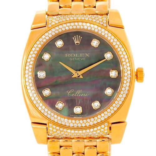 The image shows a frontal view of a Rolex Cellini 6321 Women's Yellow Gold Mother of Pearl Dial 6321 Women's Yellow Gold Mother of Pearl Dial watch with a gold case, diamond bezel, and mother-of-pearl dial.