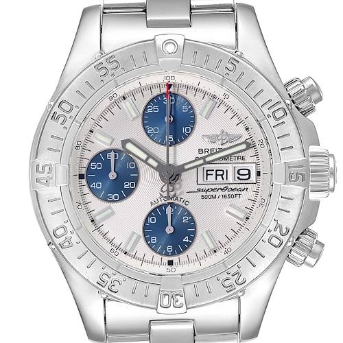 This image shows a front view of a Breitling Superocean A13340 Men's Stainless Steel Silver Dial A13340 Men's Stainless Steel Silver Dial watch, highlighting its face, bezel, and bracelet.