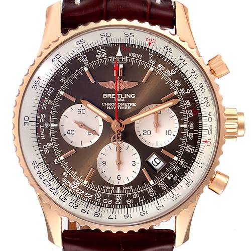 The image shows a Breitling Navitimer RB031121/Q619-252S Men's Rose Gold Brown Dial RB031121/Q619-252S Men's Rose Gold Brown Dial watch from the front, highlighting its bezel, dial, sub-dials, chronograph pushers, and crown.