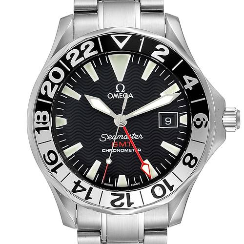 The image shows a front view of the Omega Seamaster 2536.50.00 Men's Stainless Steel Black Dial 2536.50.00 Men's Stainless Steel Black Dial GMT Chronometer watch, highlighting its dial, bezel, and bracelet.