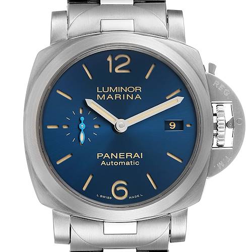 The image shows a front view of a Panerai Luminor PAM01028  Men's Stainless Steel Blue Dial PAM01028  Men's Stainless Steel Blue Dial Marina watch with a blue dial and visible crown guard.