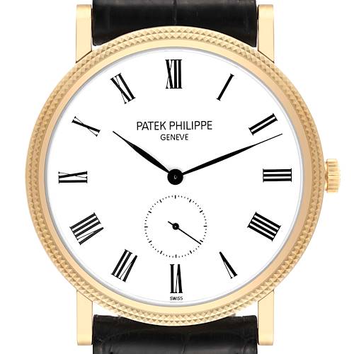 The image shows a front view of the Patek Philippe Calatrava 5119J Men's Yellow Gold White Dial 5119J Men's Yellow Gold White Dial watch, highlighting its dial, hands, hour markers, case, and strap.