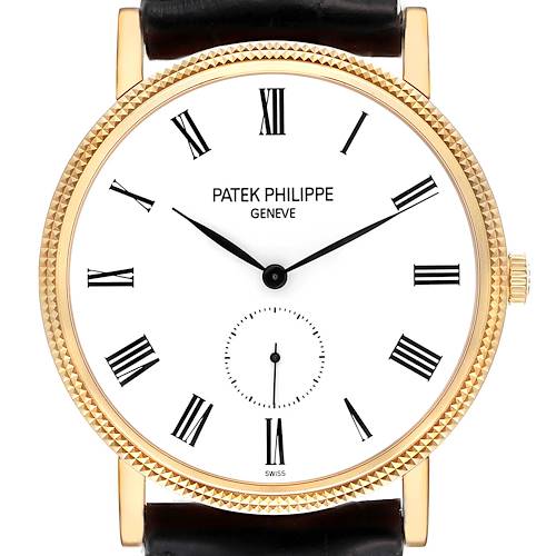 This image shows a front view of the Patek Philippe Calatrava 5119J Men's Yellow Gold White Dial 5119J Men's Yellow Gold White Dial watch, focusing on the dial, bezel, and part of the black leather strap.