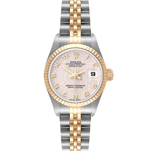 The image shows a front view of the Rolex Datejust 69173 Women's Steel and Gold (two tone) Beige Dial 69173 Women's Steel and Gold (two tone) Beige Dial watch, featuring its dial, fluted bezel, and two-tone bracelet.