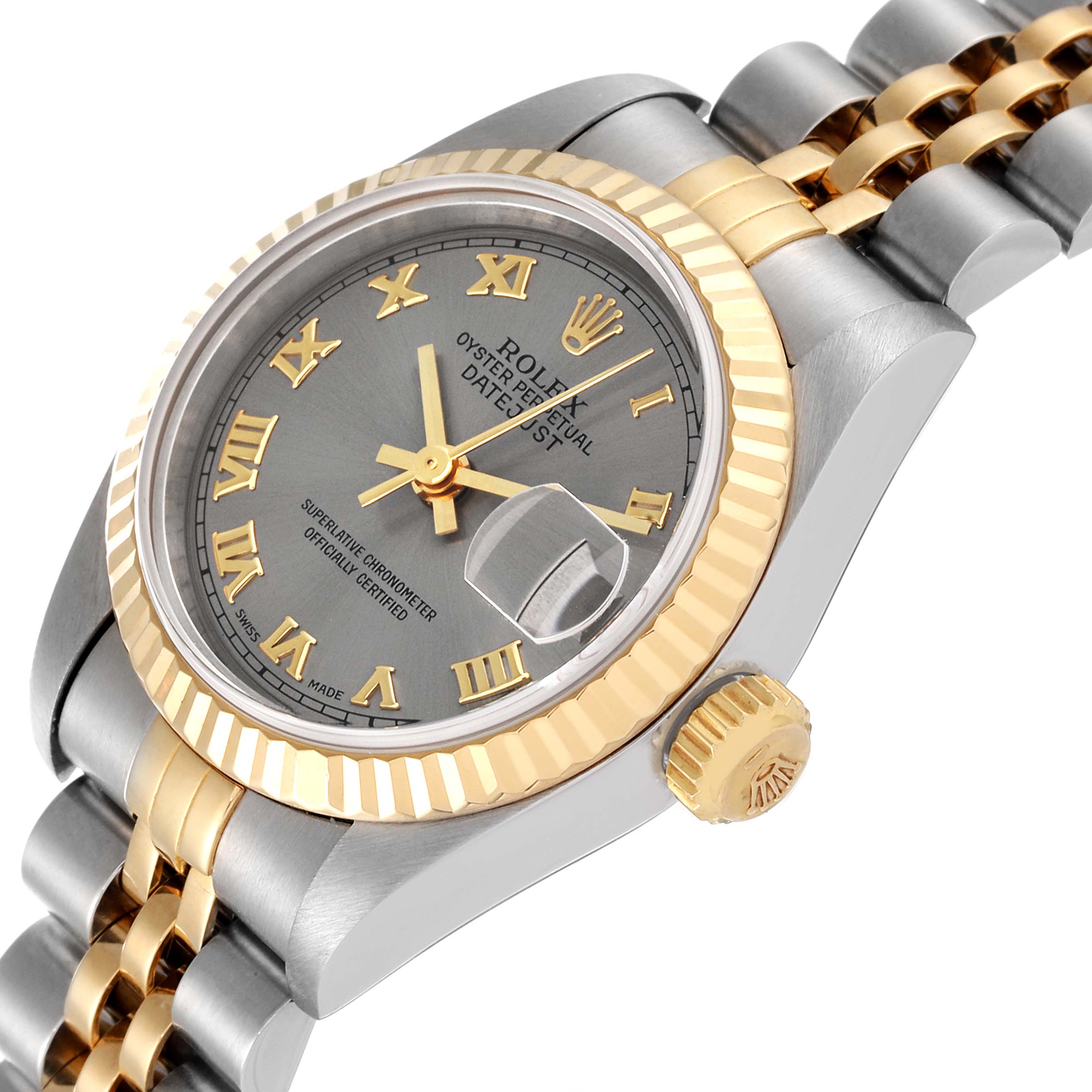 The image shows a close-up of the Rolex Datejust 69173 Women's Steel and Gold (two tone) Grey Dial 69173 Women's Steel and Gold (two tone) Grey Dial watch at an angled view, highlighting its dial, bezel, crown, and part of the bracelet.