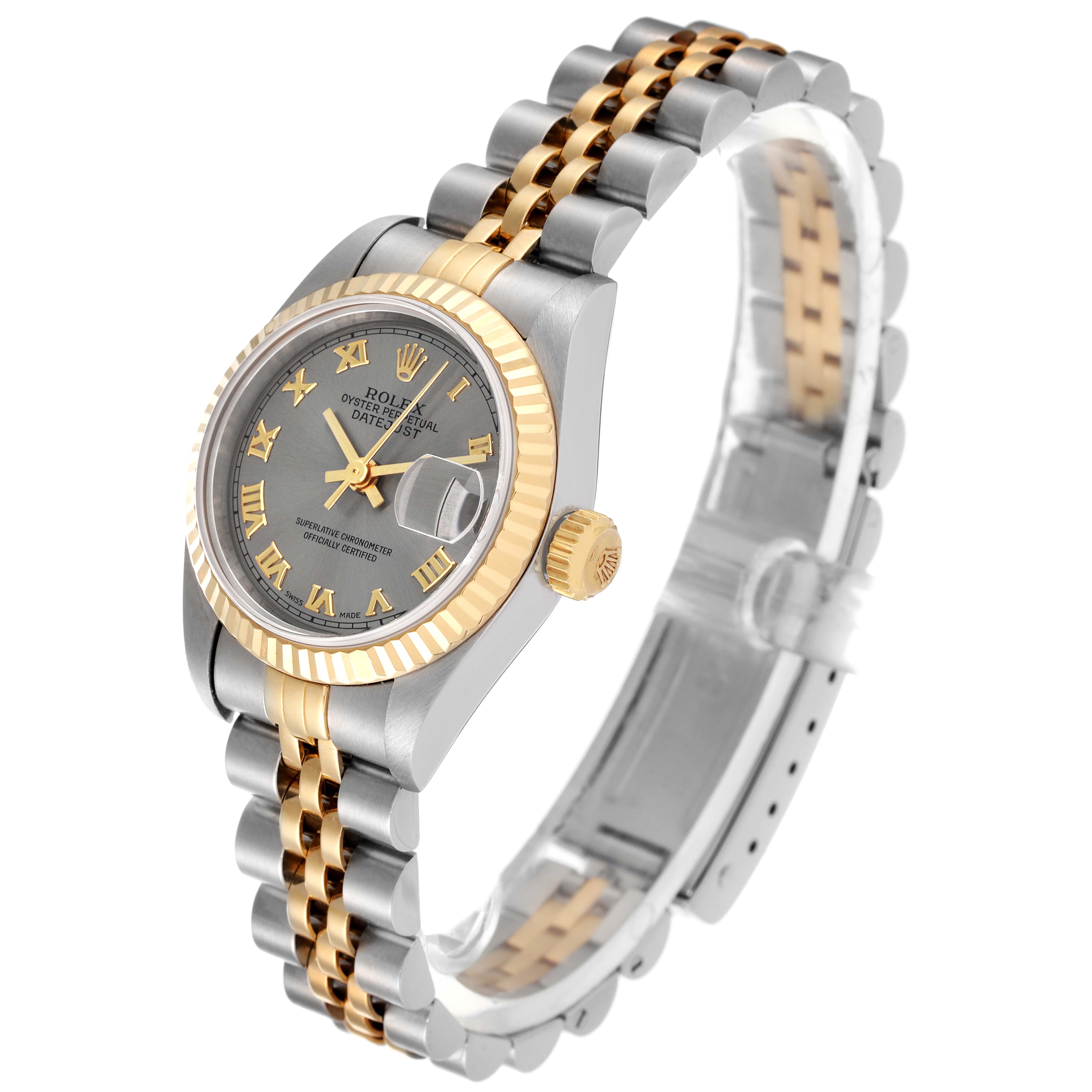 This Rolex Datejust 69173 Women's Steel and Gold (two tone) Grey Dial 69173 Women's Steel and Gold (two tone) Grey Dial watch is shown at a three-quarter angle, highlighting the face, bezel, bracelet, and crown.