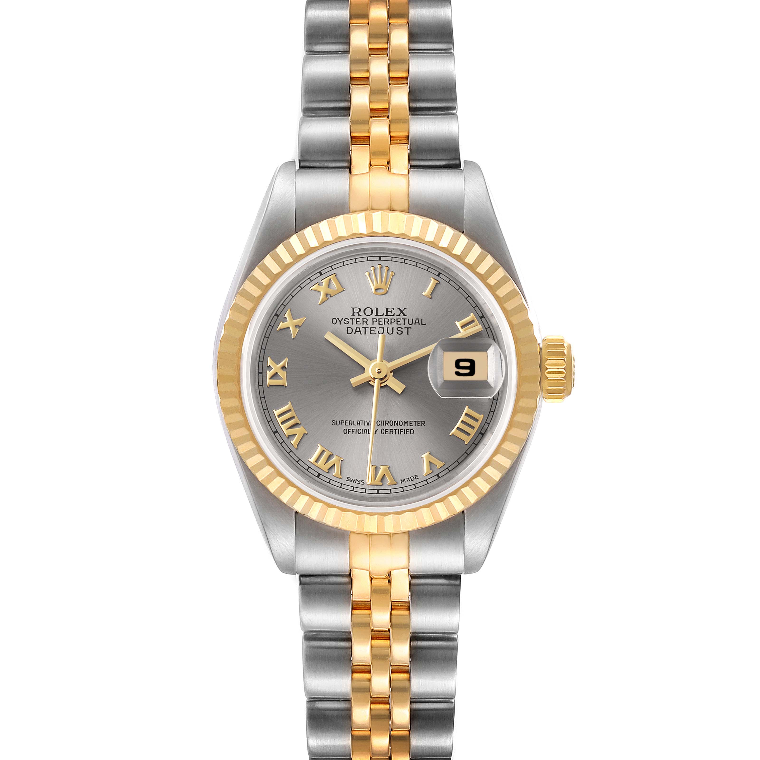 The image shows a front view of a Rolex Datejust 69173 Women's Steel and Gold (two tone) Grey Dial 69173 Women's Steel and Gold (two tone) Grey Dial watch, highlighting the dial, bracelet, and date window.