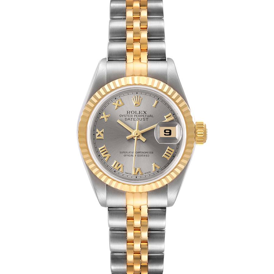 The image shows a front view of a Rolex Datejust 69173 Women's Steel and Gold (two tone) Grey Dial 69173 Women's Steel and Gold (two tone) Grey Dial watch, highlighting the dial, bracelet, and date window.