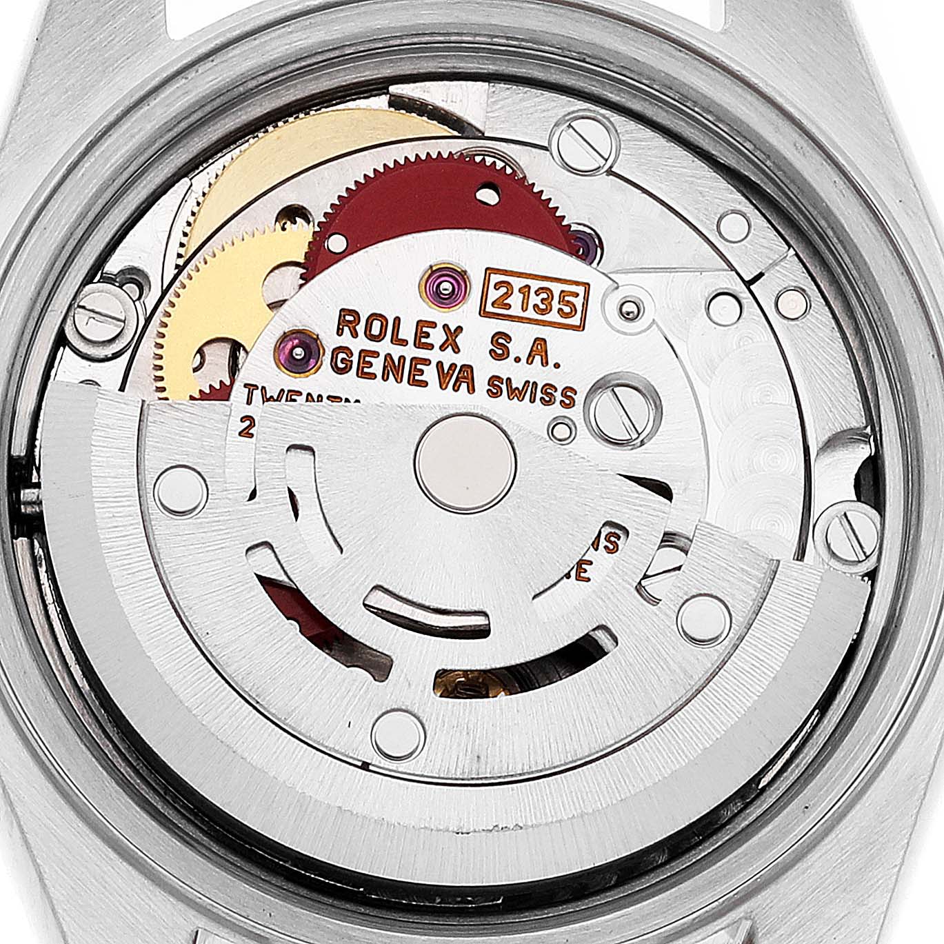 The image shows the movement and internal mechanism of a Rolex Datejust 69173 Women's Steel and Gold (two tone) Grey Dial 69173 Women's Steel and Gold (two tone) Grey Dial watch from a back angle.