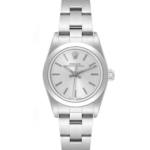 The image shows a frontal view of the Rolex Oyster Perpetual 76080 Women's Stainless Steel Silver Dial 76080 Women's Stainless Steel Silver Dial watch, showcasing its face, bezel, and bracelet.