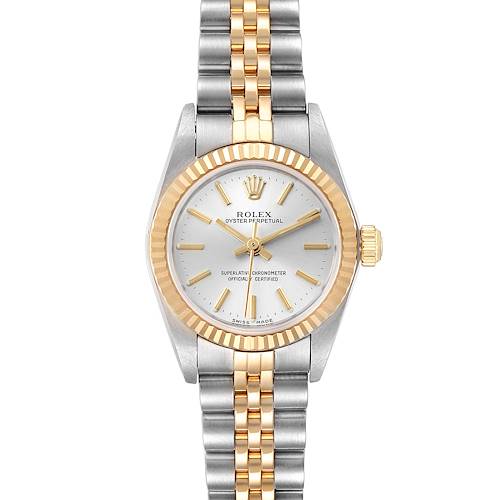 The image shows a Rolex Oyster Perpetual 76193 Women's Steel and Gold (two tone) Silver Dial 76193 Women's Steel and Gold (two tone) Silver Dial watch from a top view, displaying its face, bezel, and two-tone bracelet.
