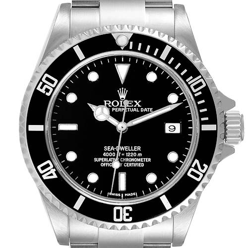 The image shows a front view of the Rolex Sea-Dweller 16600T Men's Stainless Steel Black Dial 16600T Men's Stainless Steel Black Dial watch, highlighting its black dial, date window, and stainless steel bezel and bracelet.