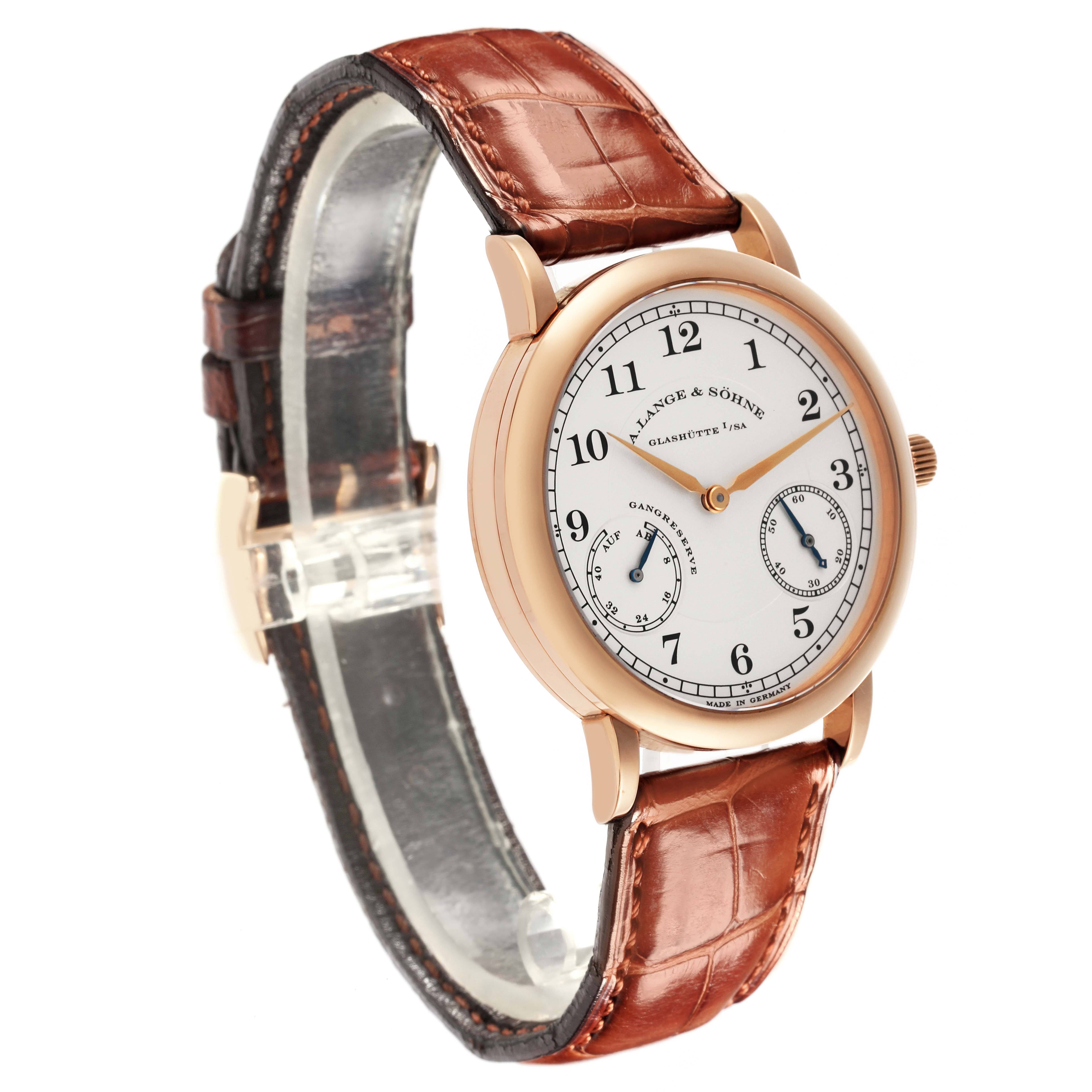 The A. Lange & Sohne 1815 221.032 / LSLS2214AD Men's Rose Gold Silver Dial watch is shown at a slight angle, displaying its face, case, crown, and leather strap clearly.