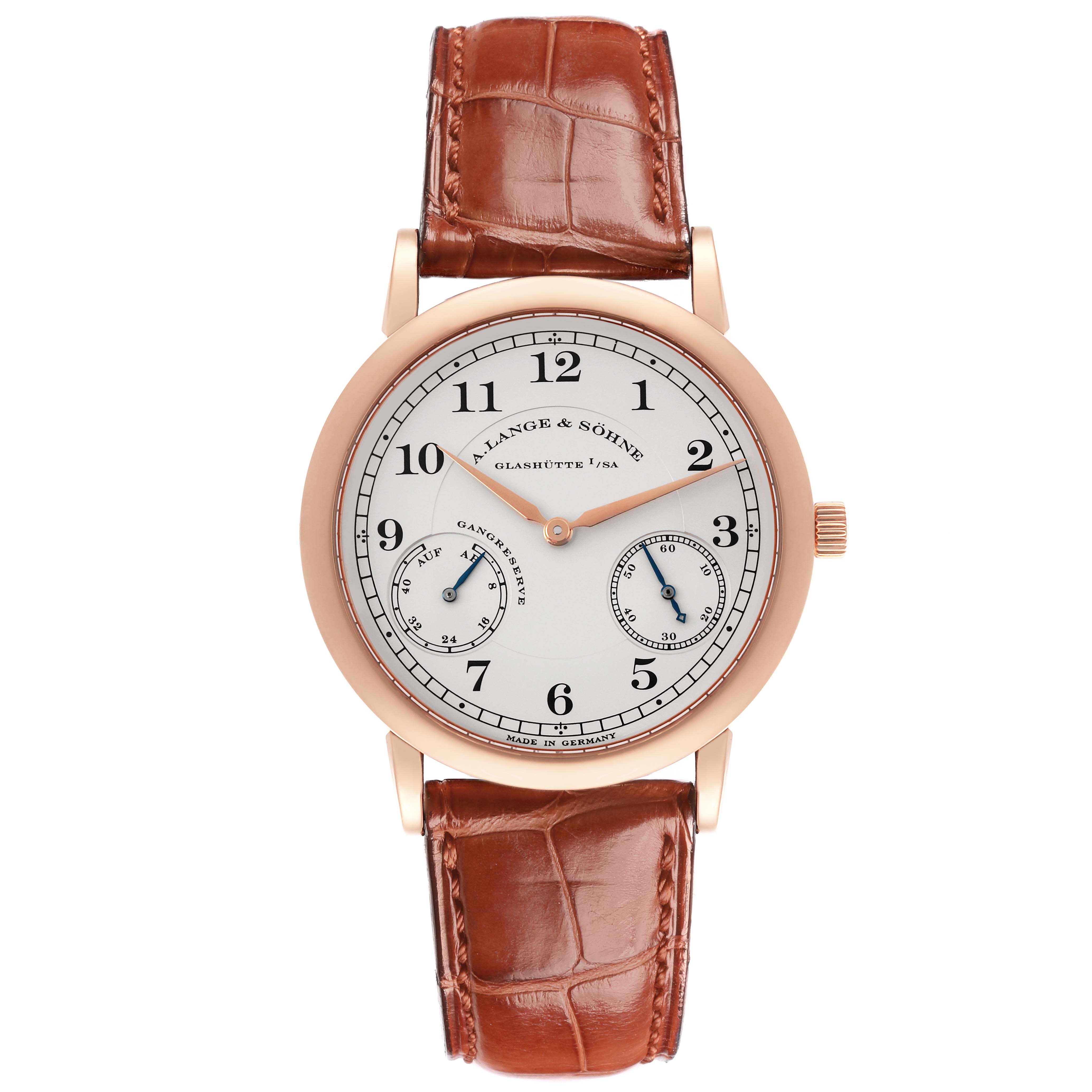 The A. Lange & Sohne 1815 221.032 / LSLS2214AD Men's Rose Gold Silver Dial watch is shown from the front, displaying the dial, case, and leather strap.