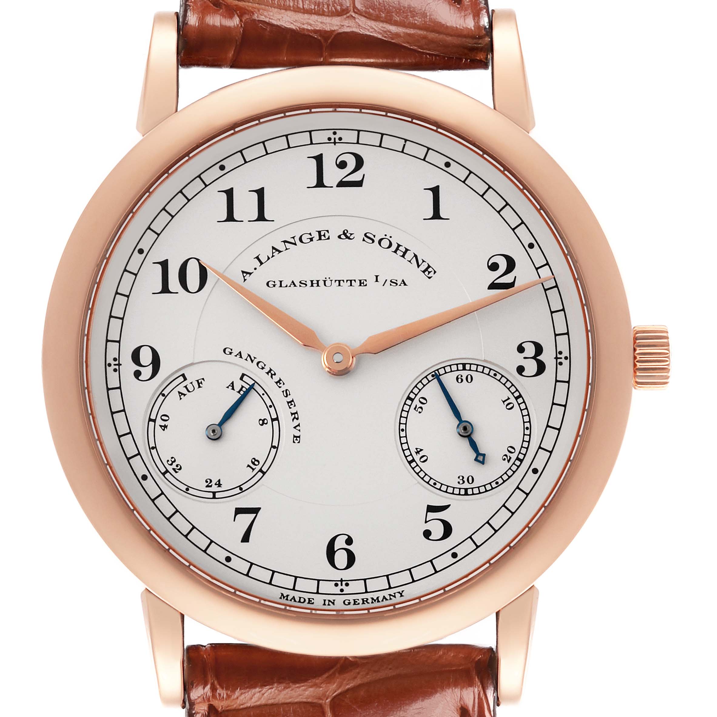 The image shows a front view of the A. Lange & Sohne 1815 221.032 / LSLS2214AD Men's Rose Gold Silver Dial watch, displaying the dial, hands, subdials, and leather strap.