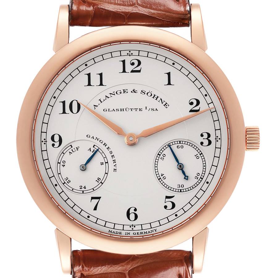 The image shows a front view of the A. Lange & Sohne 1815 221.032 / LSLS2214AD Men's Rose Gold Silver Dial watch, displaying the dial, hands, subdials, and leather strap.