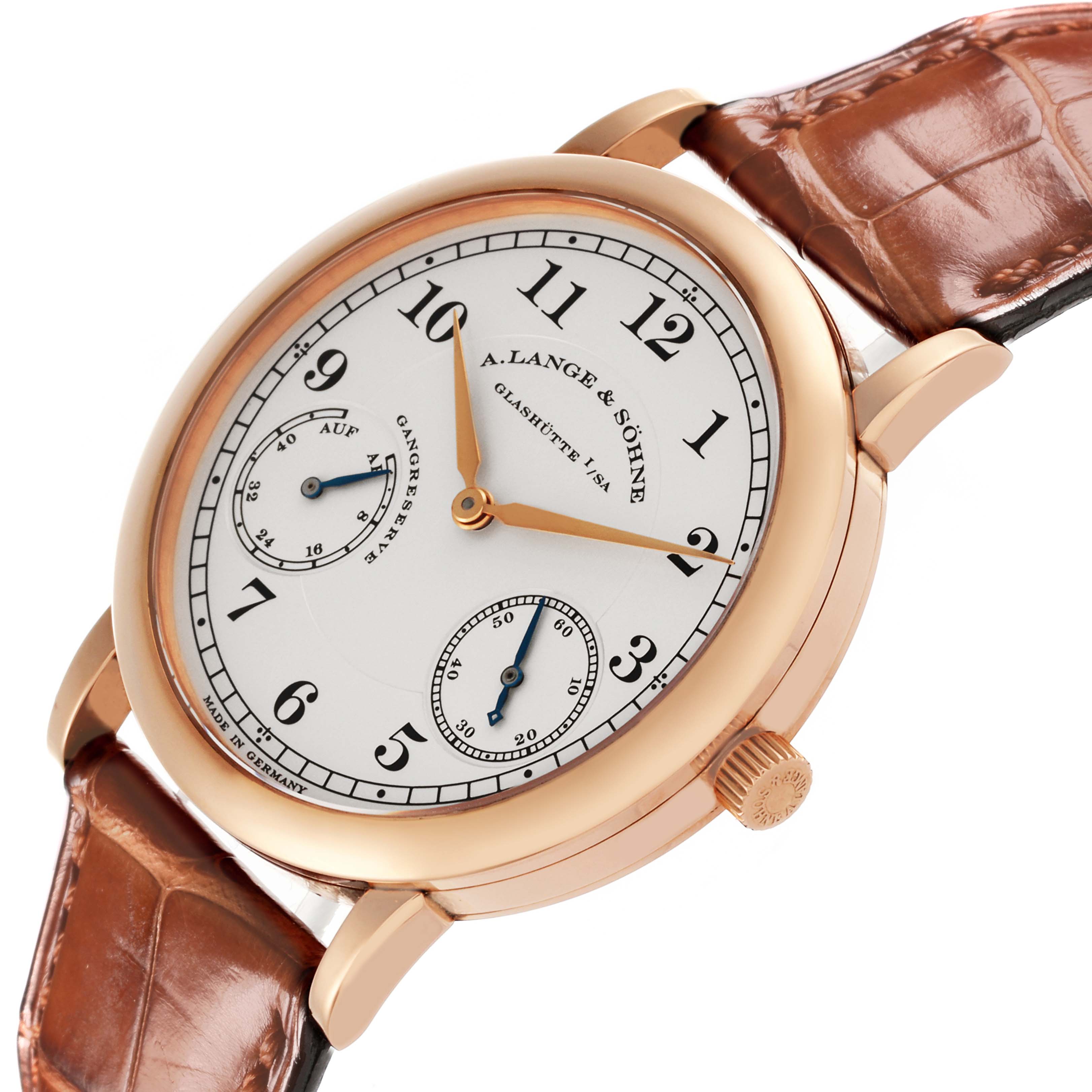 The A. Lange & Sohne 1815 221.032 / LSLS2214AD Men's Rose Gold Silver Dial watch is shown at a slight side angle, highlighting the dial, hands, subdials, crown, and leather strap.